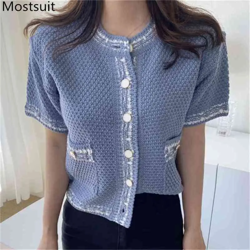 Summer Vintage Knitted Cardigan Tops Women Short Sleeve Pockets O-neck Sweater Jumpers Korean Elegant Ladies 210513