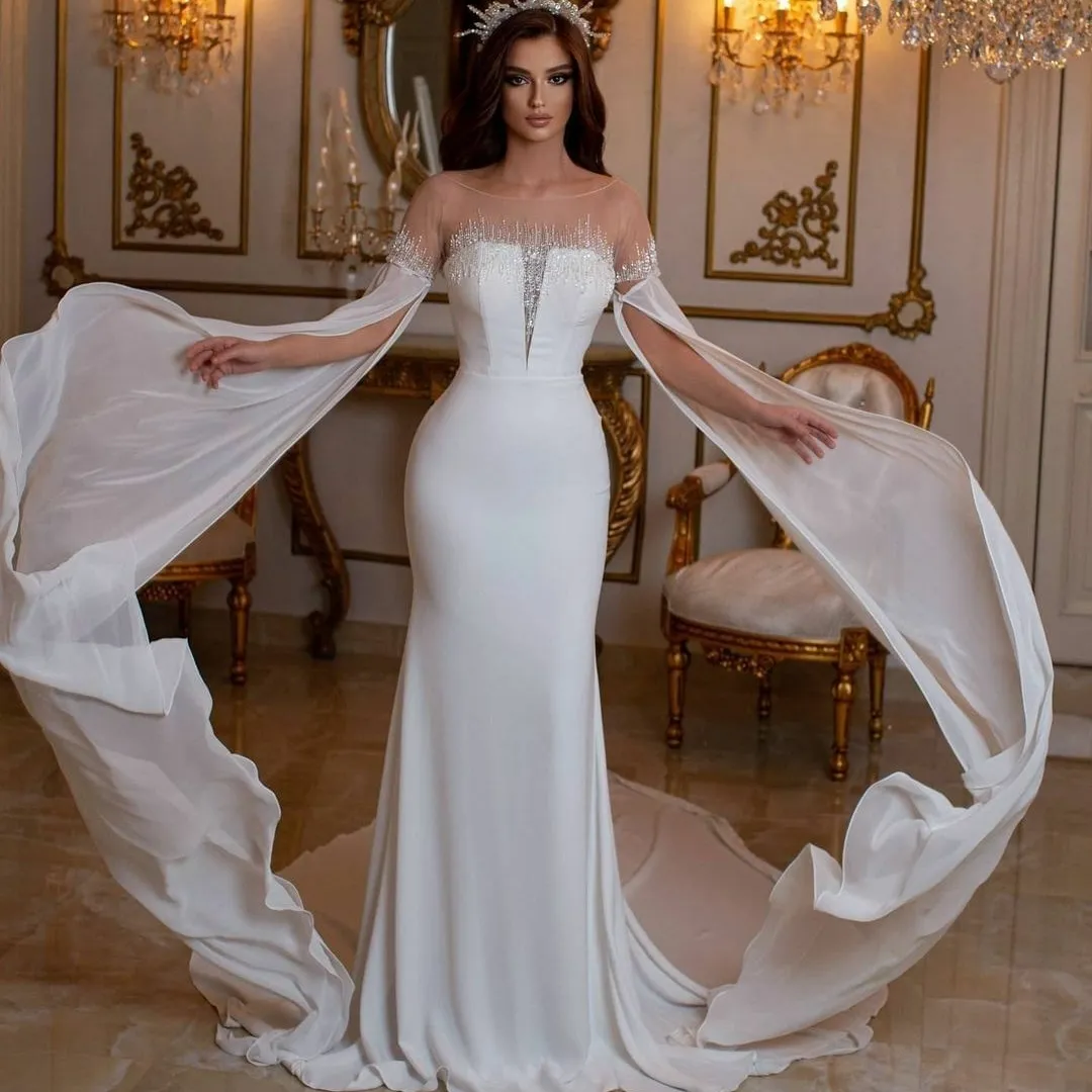 2021 Satin Meerjungfrau Brautkleider Lange Ärmel Brautkleider Sweep Zug Perlen Elegante vestido de novia Anpassen