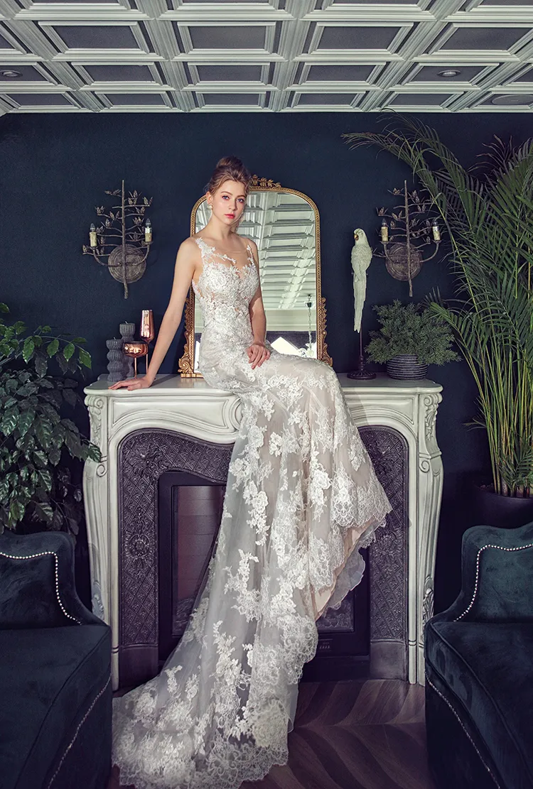 dhgate mermaid wedding dresses Romantic Lace mermaid glam wedding dress with Sleeveless Straps, Jewel Neckline, and Applique Detailing in Champagne Liling Ivory