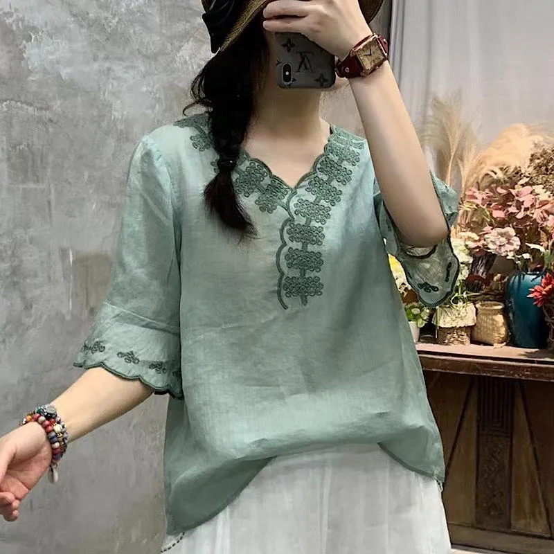 Dames blouses shirts etnische stijl geborduurde linnen shirt zomer v-hals korte mouw truien blouse casual vrouwen 2021 tops