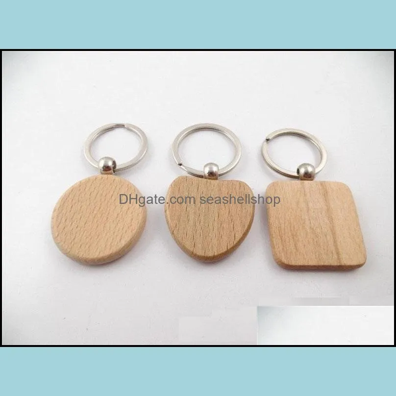 6designs Blank Wooden Key Chain Rectangle Heart Round DIY Carving Keyring Wood Keychain Tags Gifts