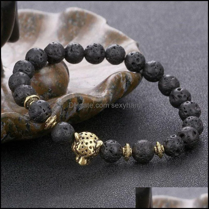 Beaded, Strands Bracelets Jewelry Seven Chakras Energy Leopard Head Natural Stone Stretch Braided Care Beaded Black Lava Rock Yoga Bracelet