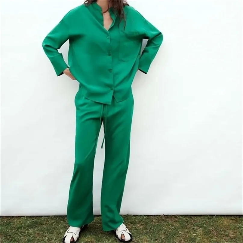 TRAF女性のファッションサイドポケットルースワイドレッグパンツヴィンテージ高弾性ウエストドローストリング女性ズボンストリートウェア210915