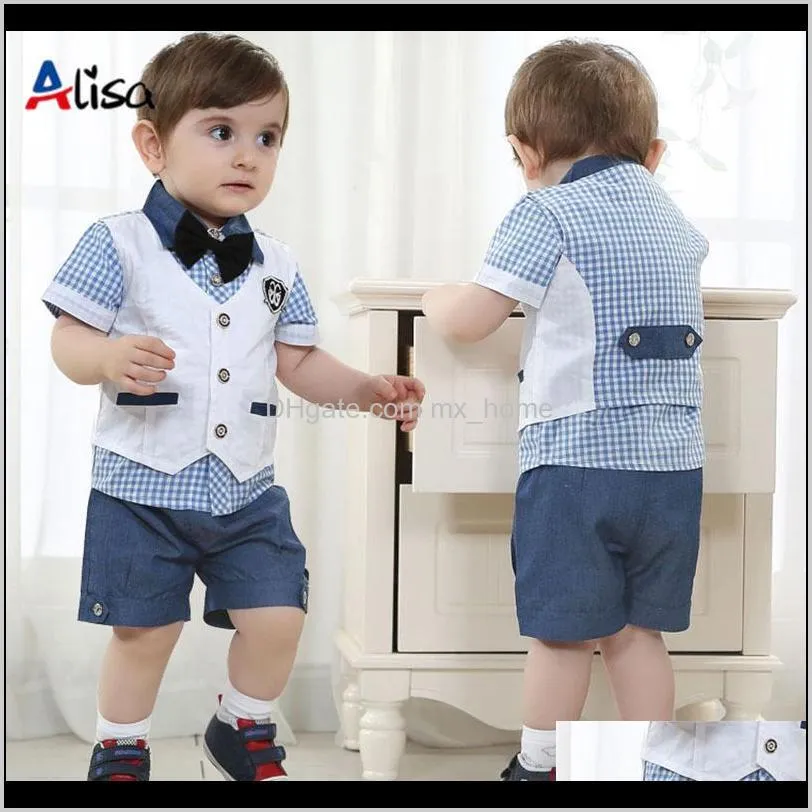 boy baby clothes suit gentleman suits 3pcs vest + t shirt + pants plaid bow shorts summer set children`s clothing shipping