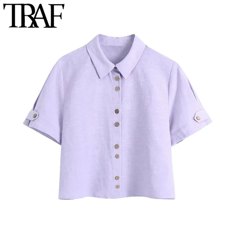 Women Fashion With Buttons Cropped Linen Blouses Vintage Lapel Collar Short Sleeve Female Shirts Blusas Chic Tops 210507