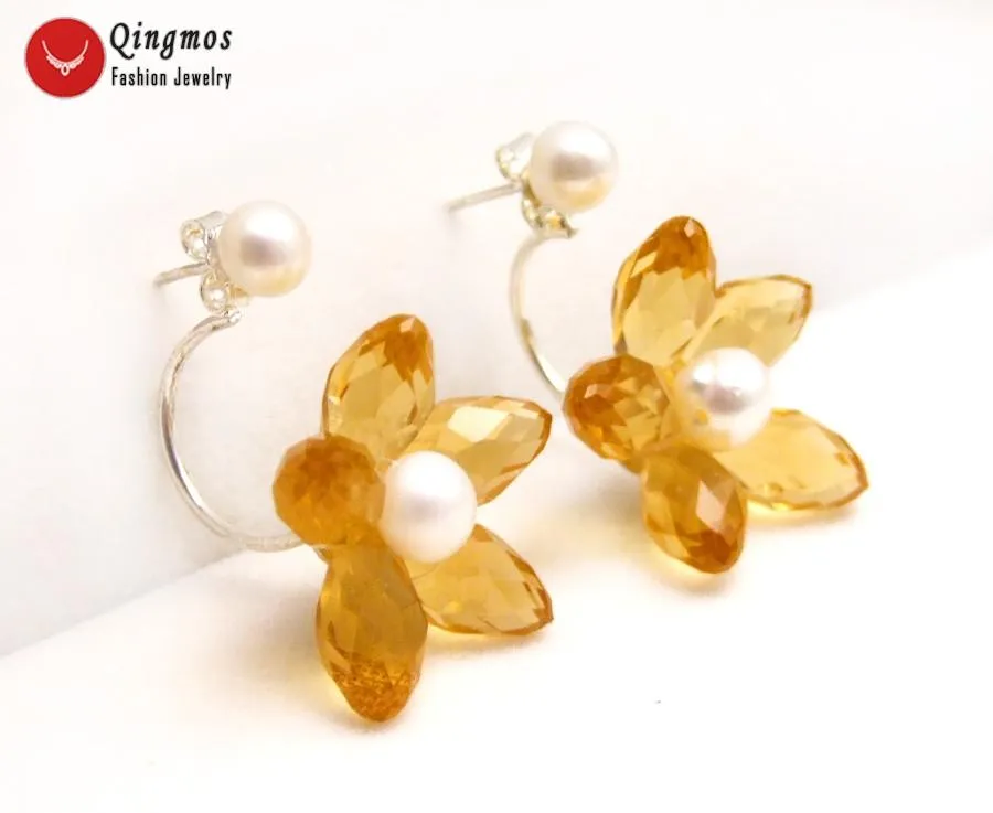 Brincos de pérolas naturais de pérolas qingmos para mulheres com breço de cristal de flor laranja de 5 a 6 mm jóias de orelhas de dupla face