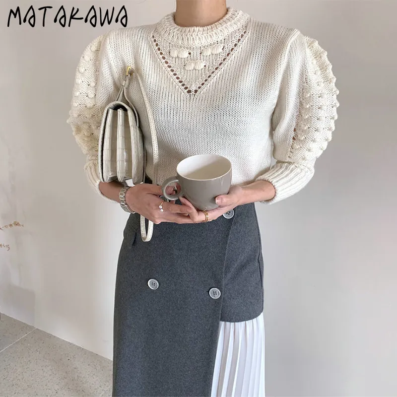 Matakawa Franse elegante vrouw truien Koreaanse chique ronde hals Drie-dimensionale bladerdeeg Sweater lange mouw truien 210513