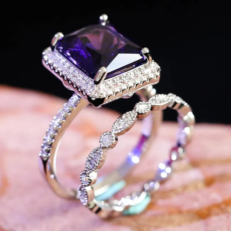 2pcs/set Luxury Women's Wedding Rings Large Purple Square Stone Crystal Engagement Party Couple Jewelry Accessories Gift