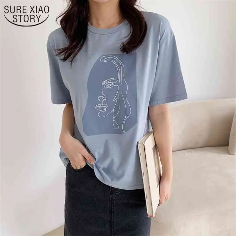 korean Short Sleeve Loose Jumper Abstract Human Face Printed Woman's Shirt Summer Fashion White Round-neck Tops blusas 9947 210506