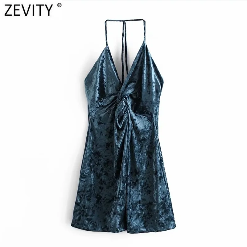 Women Sexy Deep V Neck Knotted Sling Mini Dress Femme Chic Velvet Party Vestido Backless Casual Slim Clothing DS4922 210416