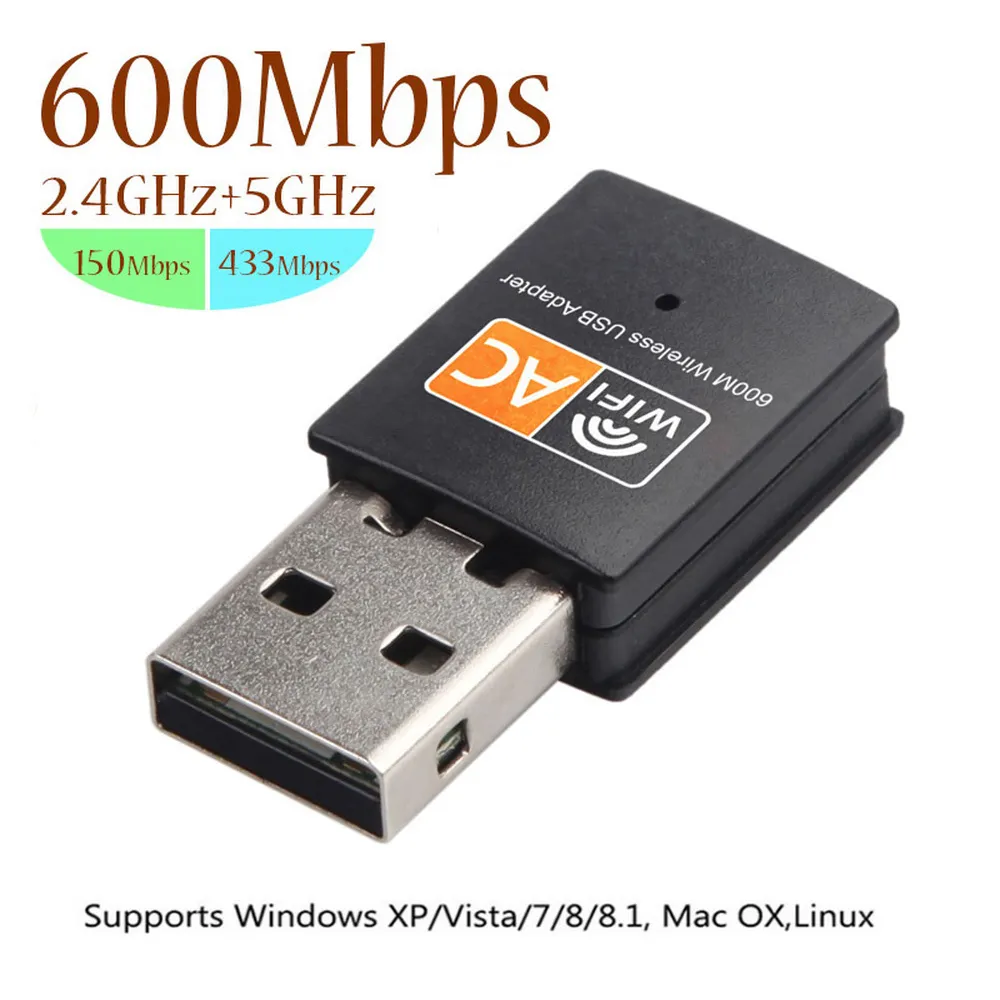 600 Mbps USB Adapter Wi -Fi Dual Band 2,4 GHz 5 GHz Antena 600M USB Ethernet Lan Dongle Network Network Brak opakowania detalicznego