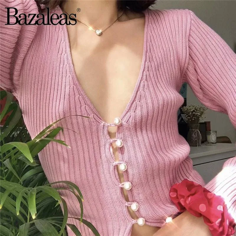 Женские свитера Bazaleas Chic Pink Pull Femme Vintage Pearl Buttons Женщины вязаные кардиган базовые стройные капля свитера