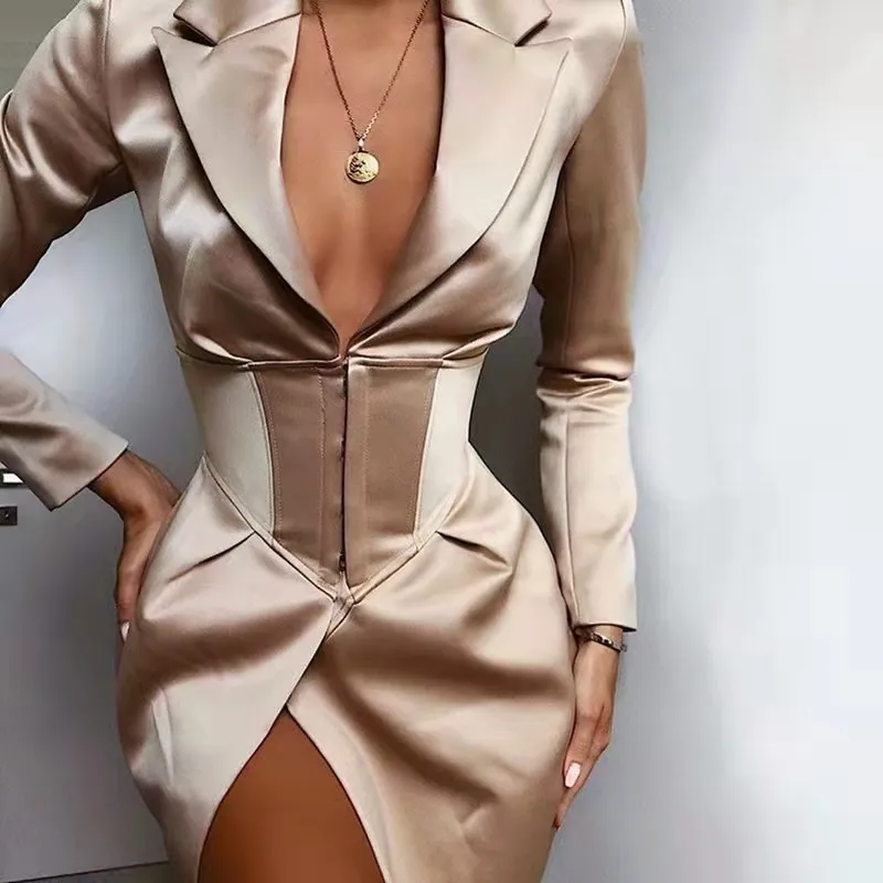 Womens Suits V Neck Khaki Sexy Blazer Dress Women Autumn Winter Bodycon Elegant Thin Coat Outwear Female Party Club Night Blazers short dress Ladies Sets Office shrit