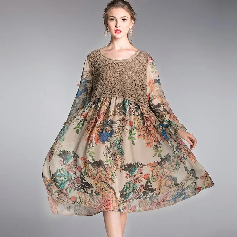 Повседневные платья шифона платье Lady Plus Summer Summer Spring 2021 Женский цветочный принт элегантный лоскут базовый шифоно