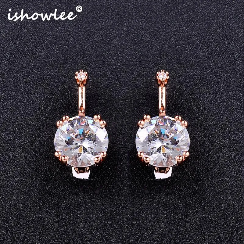 Estudação Ishowlee Rose Gold 585 Round Zircon Brincos para mulheres Jóias minimalistas de estrela de festa de casamento coreana Esp79