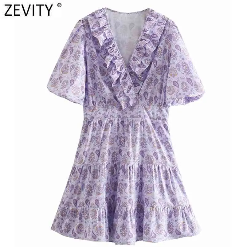 Femmes Sweet Cashew Nut Print Purple Couleur Casual Slim A Line Robe Femme Col V Plissé Volants Chic Kimono Robe DS8301 210420