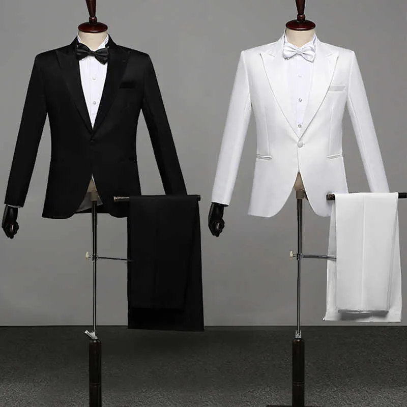 Men Prom Suits Shawl Lapel White Black Formal Suit Evening Party Show Performance Wedding Singer Stage Wear Tuxedo Dress Coat X0909