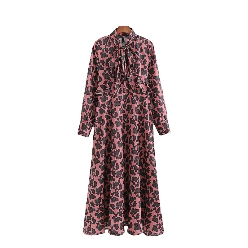 Streetwear Women Bow Collar Dresses Fashion Ladies Leopard Print Pink Dress Bohemian Female Ruffles Loose Vestidos 210430