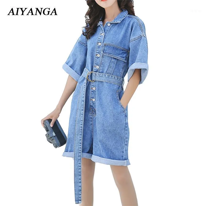 Mode Kvinnor Denim Playsuits Kvinna Lösa Overaller 2021 Vår Sommar Jeans Shorts Slim Sashes Casual Light Blue Big Storlek Kvinnors Jumpsuits