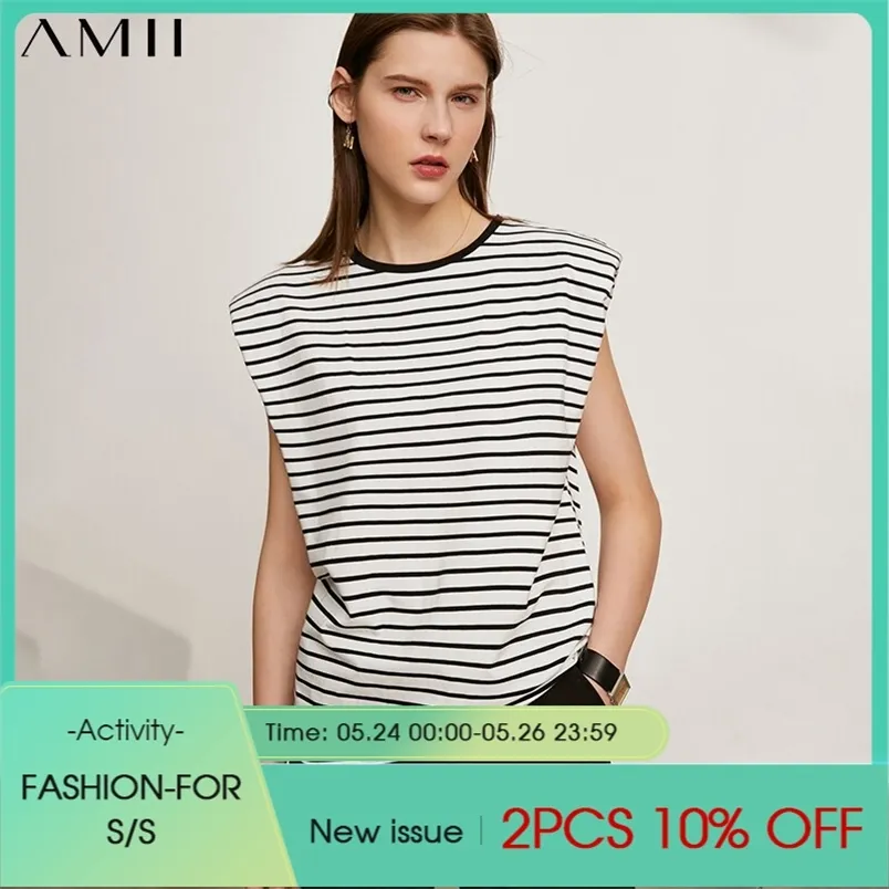 Minimalism Summer Women's Tshirt Causal Striped Oneck Sleeveless Cotton Female Fashion Tops 12170131 210527