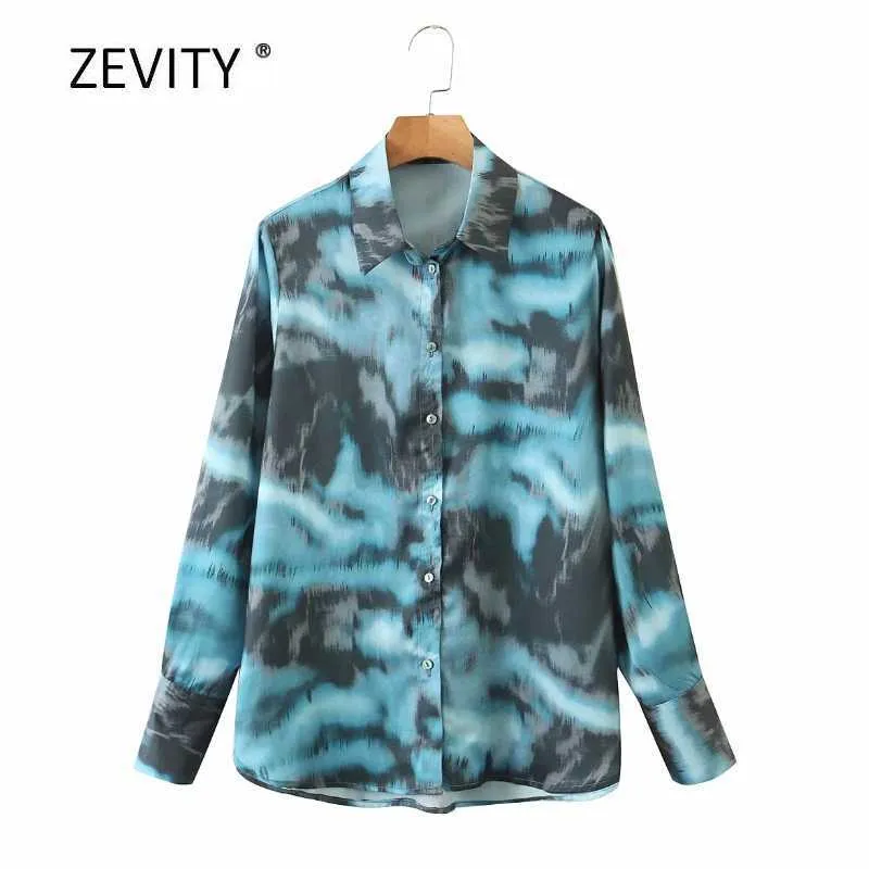 Vrouwen Vintage Tie Dye Afdrukken Casual Smock Blouse Kantoor Dames Lange Mouw Inkt Schilderij Chic Shirts Retro Chemise Tops LS6938 210603