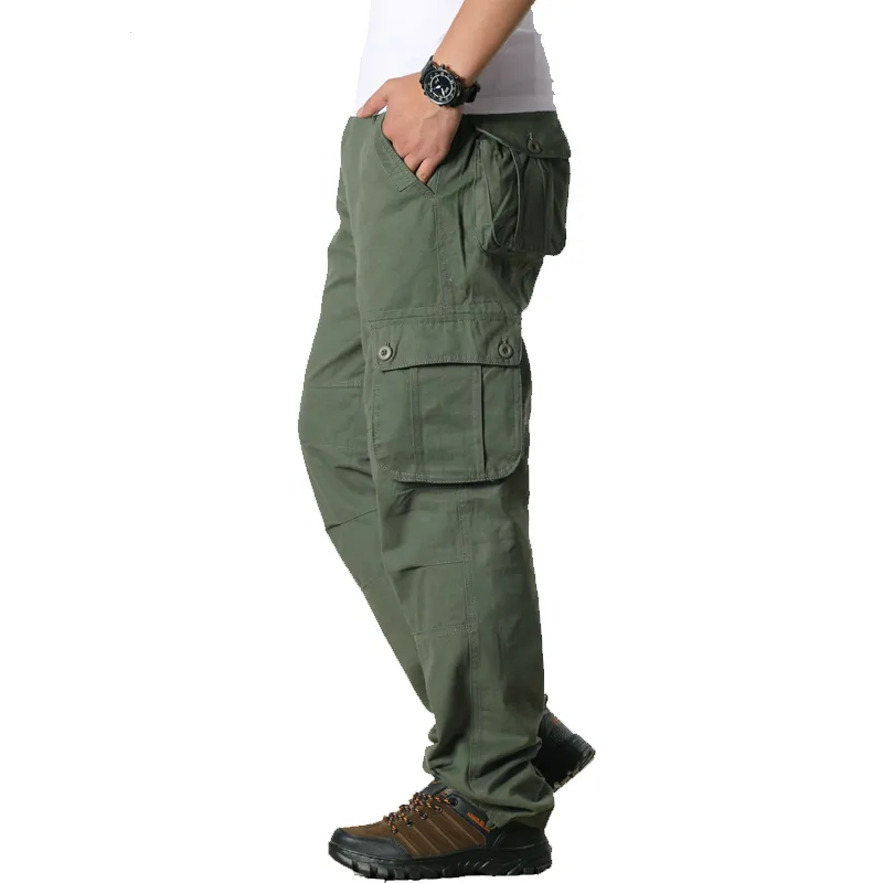 Сплошные мужские грузовые брюки повседневные свободные длинные брюки мужчины на открытом воздухе работают много карманные штаны Homme негабаритная уличная одежда 210524