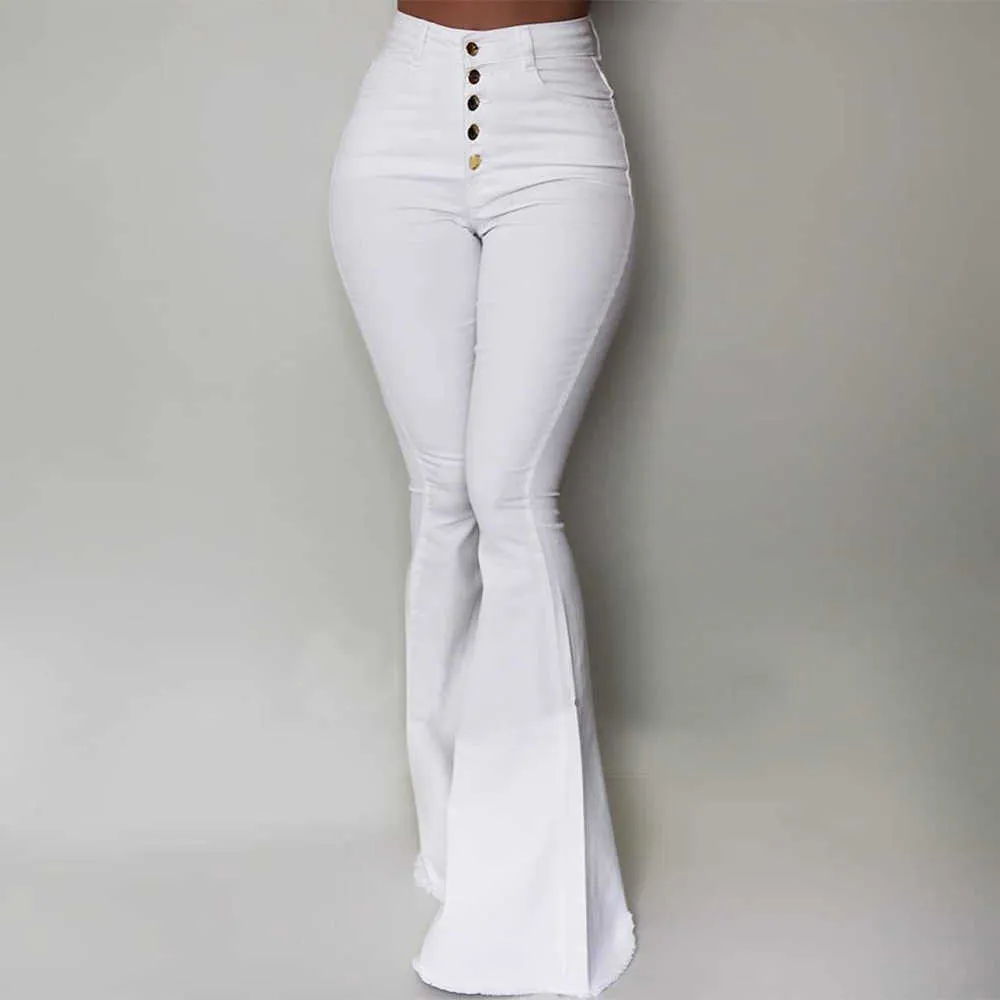 Hot Style Ladies White Black Bootcut Stretch Spodnie Wysokiej Talii Kieszenie Fishtail Single-Breasted Bottons Up Joker Pants S do XL Q0801