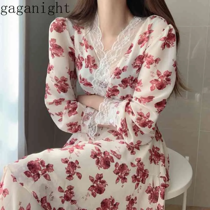 Gaganight Dentelle Fleur Femmes Doux Maxi Robe À Manches Longues Col En V Mince Chic Lady Moulante Robes Mode Coréenne Printemps Vestidos 210519