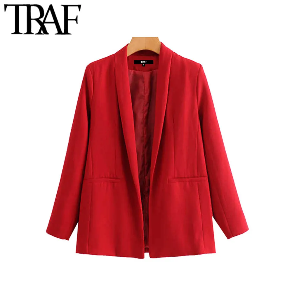 Trafik Kvinnor Vintage Stilig Office Wear Red Blazer Coat Fashion Långärmade fickor Kvinnliga Ytterkläder Chic Toppar 210415