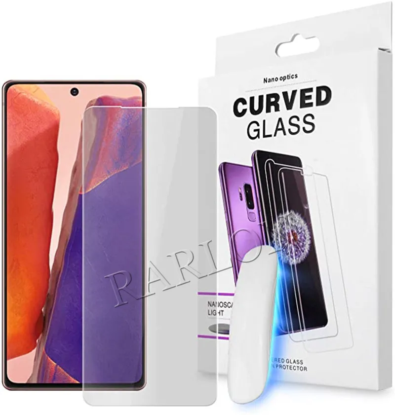 UV Vollkleber Kleber -Screen -Beschützer Temperiertes Glas für Samsung Galaxy S24 S23 S22 S21 Ultra S20 Plus S10 S8 S9 Note 20 10 mit Einzelhandelspaket