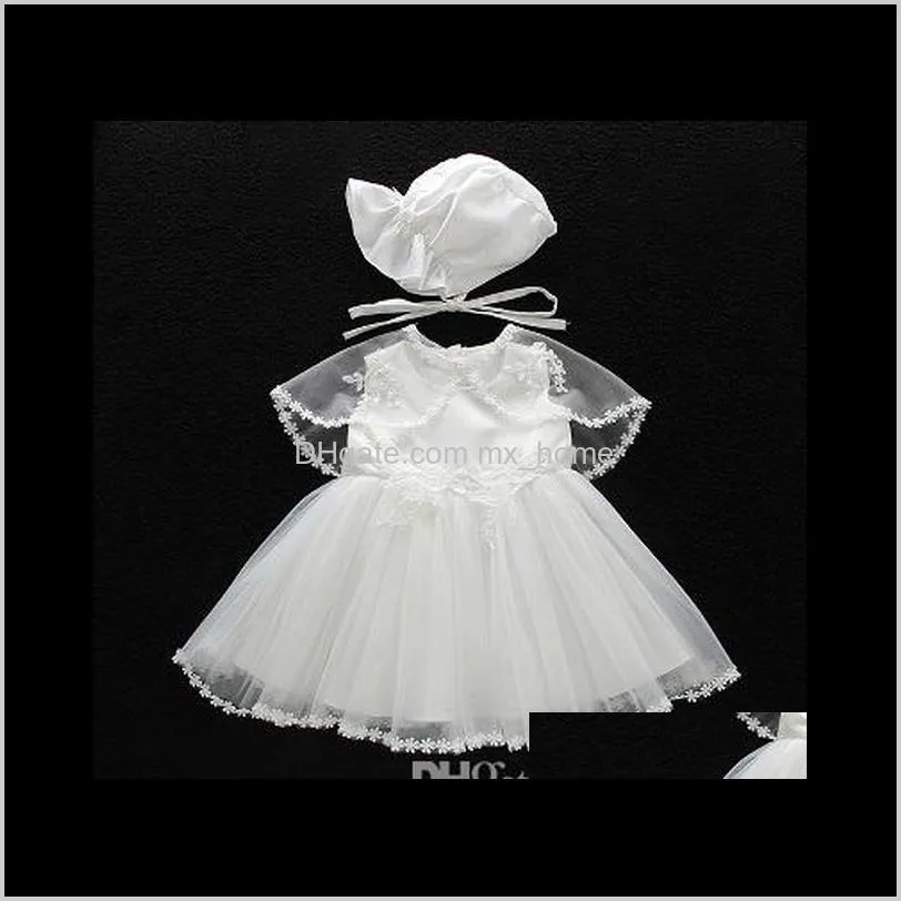 newborn christening gown girls princess dress 0-24m solid cotton back bow strap party tutu dress lace shawl white appliqued hat