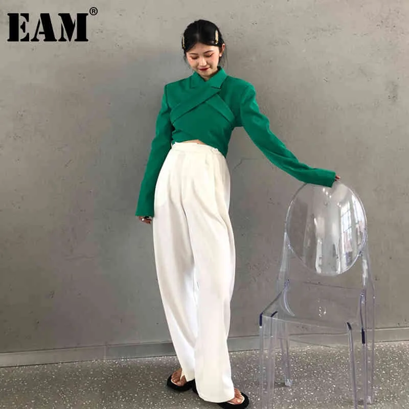 [EAM] Wysoka talia biały duży rozmiar plisowane szerokie spodnie nogi luźne dopasowanie szerokie spodnie nogi kobiety moda wiosna jesień 1dd6464 21512