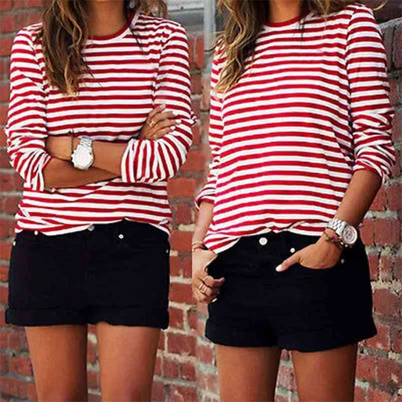 Women T-Shirt Casual Red White Striped Print Long Sleeve Loose Female Basic O-Neck Tops Fashion Ladies Streetwear 210522