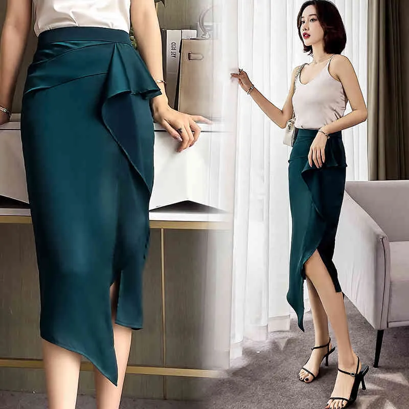 Tingyili Sexig Front Slit Satin Ruffle Kjolar Kvinnor Sommar Hög Midja Midi Pencil Skirt Elegant Office Ladies Black Green Kjol X0428