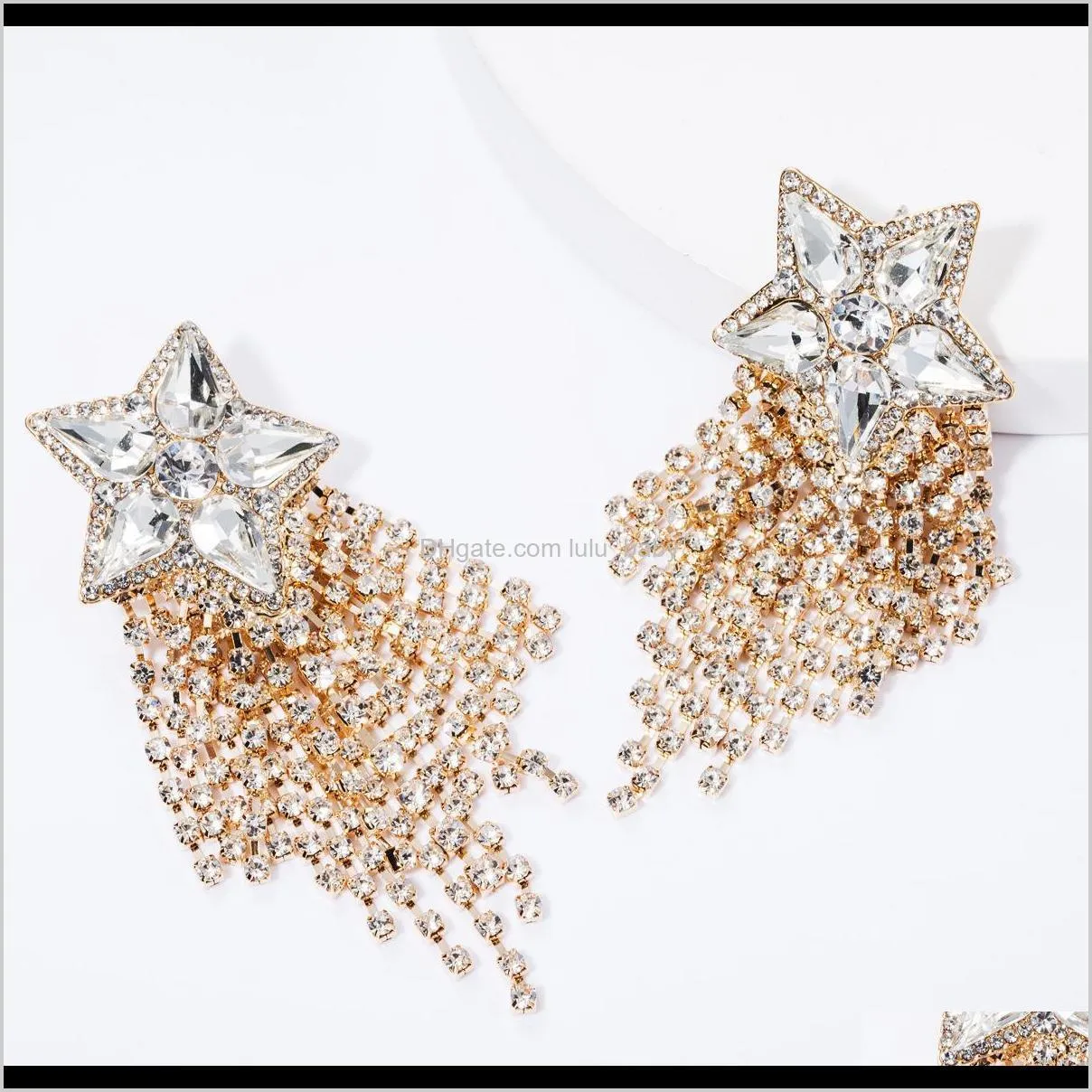 exaggerated wind diamond glass diamond five-pointed star rhinestone tassel earrings women`s fashion super flash full diamond banquet