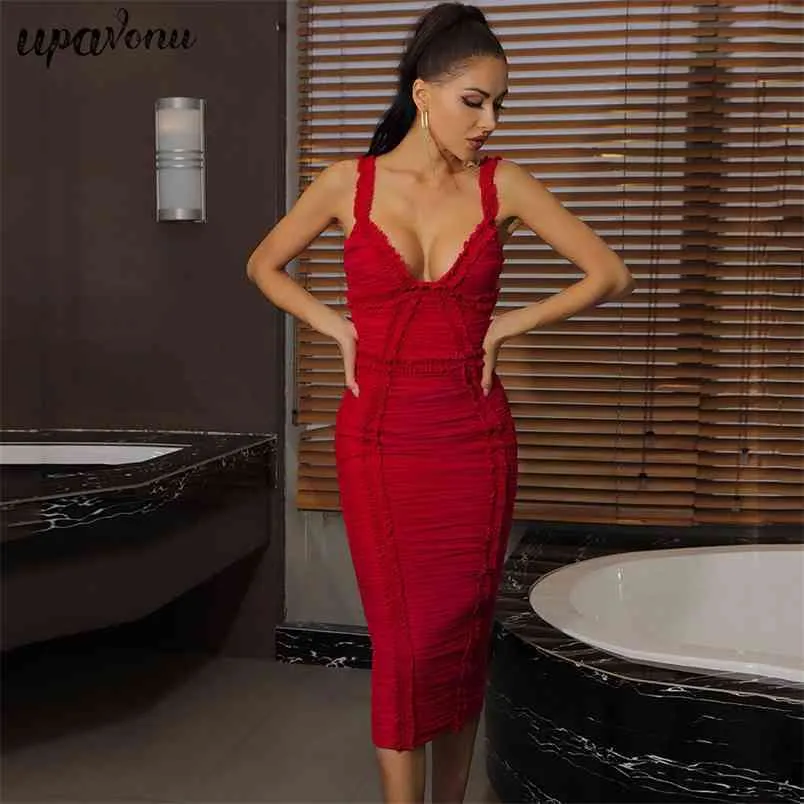 Darmowe kobiety Red Draped Mesh Bandage Sukienka Sexy V-Neck Bez Rękawów Bodycon Midi Club Evening Es 210524