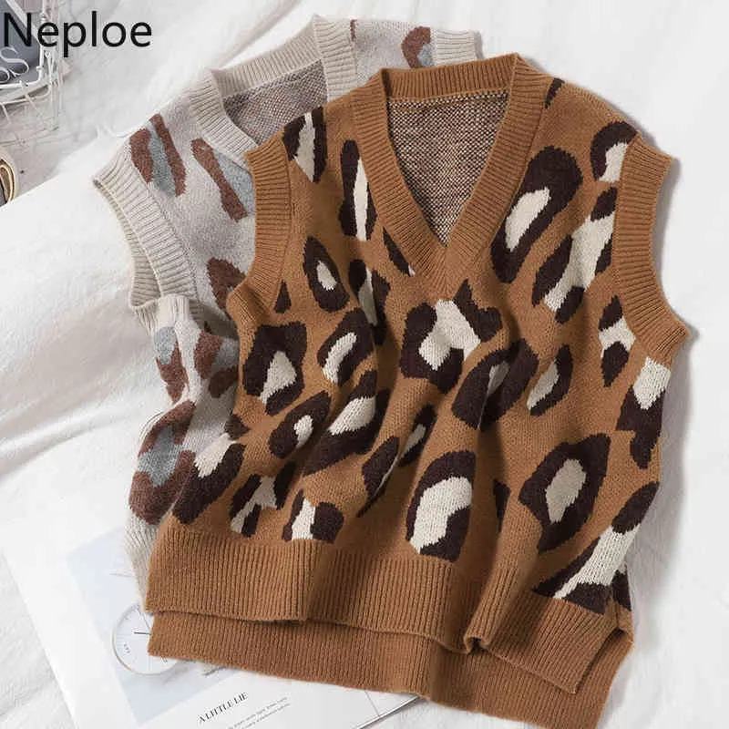 Neploe Leopardプリントセーターベスト女性Vネックノースリーブニットプルオーバートップスファッションニットジャンパ全マッチタンクコート210422