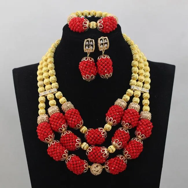 Pendientes Collar Est Diseño Piezas de oro de la boda africana Mezcla Rojo 3 Filas Coral Beads Joyas Conjuntos Accesorio CJ764