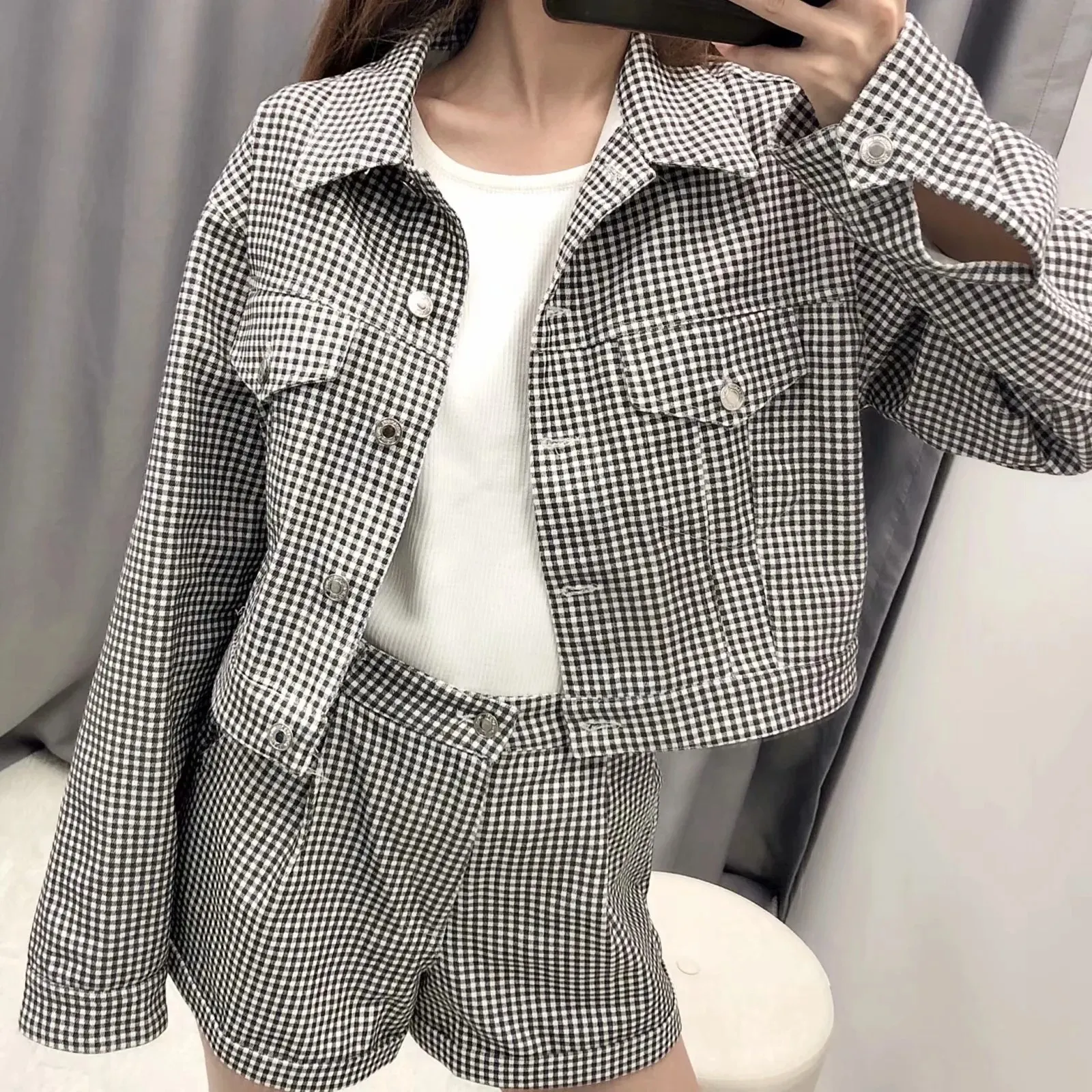 Womens Houndstooth Denim Cropped Jacket  From Lu04, $25.87