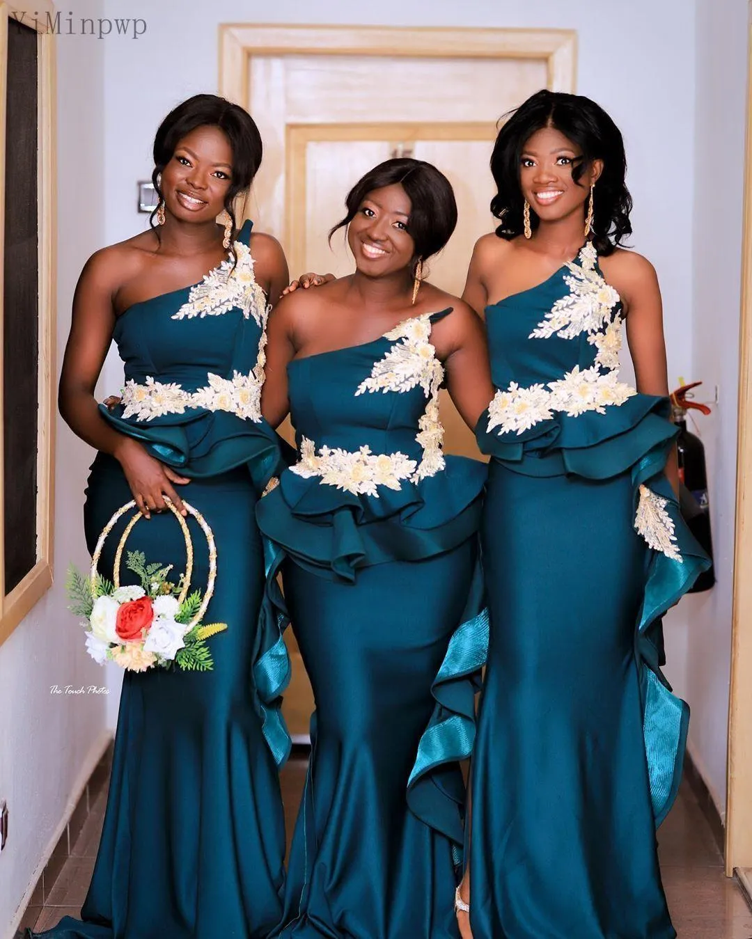 Size Plus Teal Mermaid Bridesmaid Dresses Strapless Sweep Train White Appliques Ruffles Peplum Wedding Guest Party Gowns Maid of Honor Dress Customized