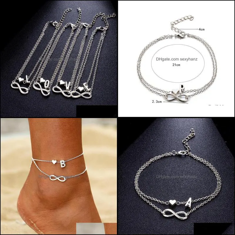 Anklets Boho Initial Anklet Heart Infinity Silver Color Ankle Bracelet On Leg Chain 26 Letter For Women Beach Foot Jewelry