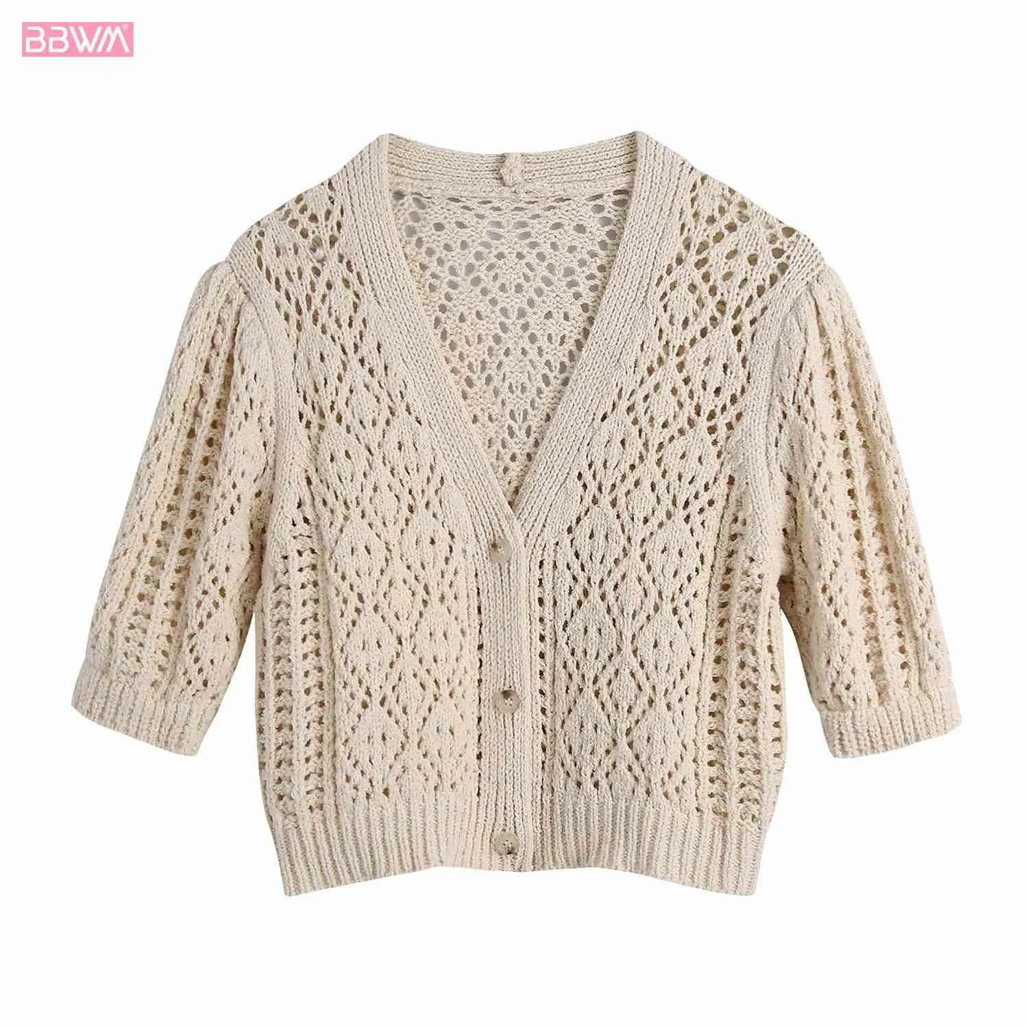 Vintage Women Neck Three-Quarter Rękawy Openwork Sweter Cardigan Fashion Solid Color Single Breasted Chic Kobiet Topy 210507