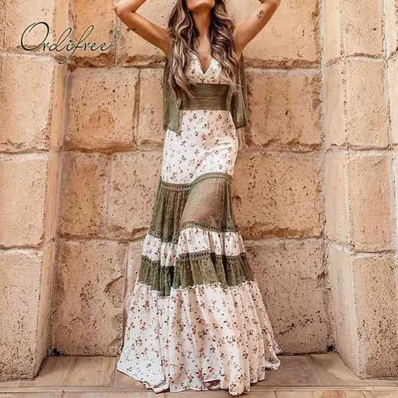 Floral Print Tulle Lace Maxi Dress For Women Summer Beach Boho