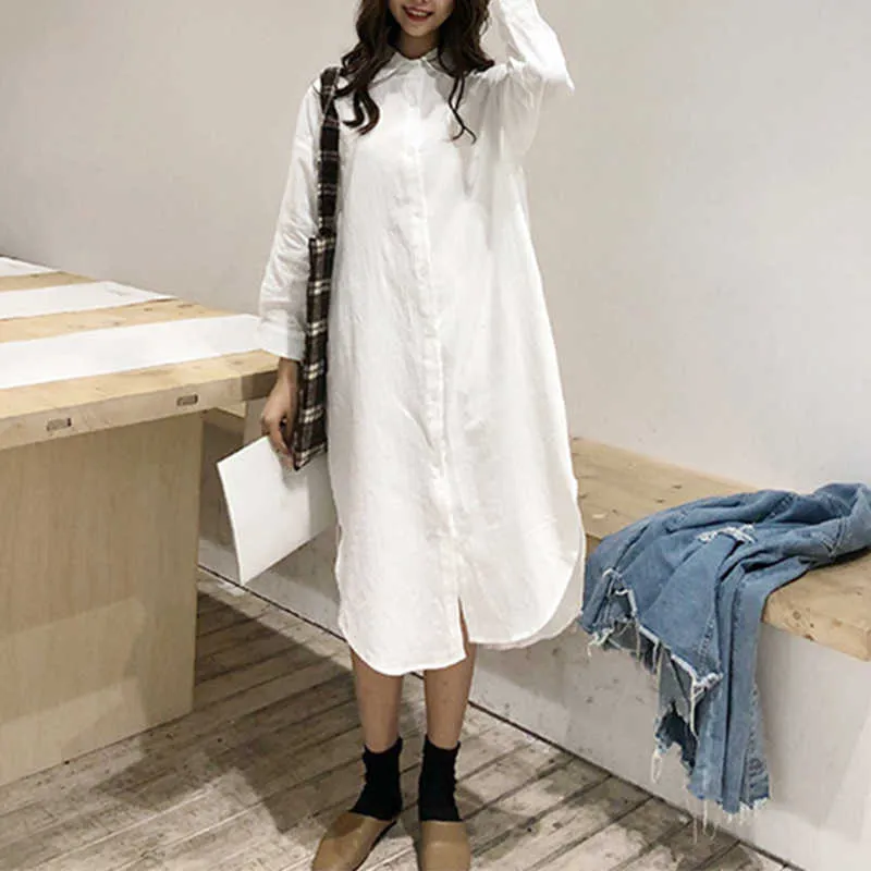 Woman Long Shirt Dress Cotton Korean Fashion Clothing White Plus Size Big Shirt Dresses Spring Long Sleeve Loose Dress 210709