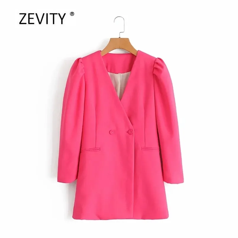 Kvinnor Fashion V Neck Puff Sleeve Chic Blazer Coat Office Lady Double Breasted Causal Stylish Outwear Toppar C519 210420