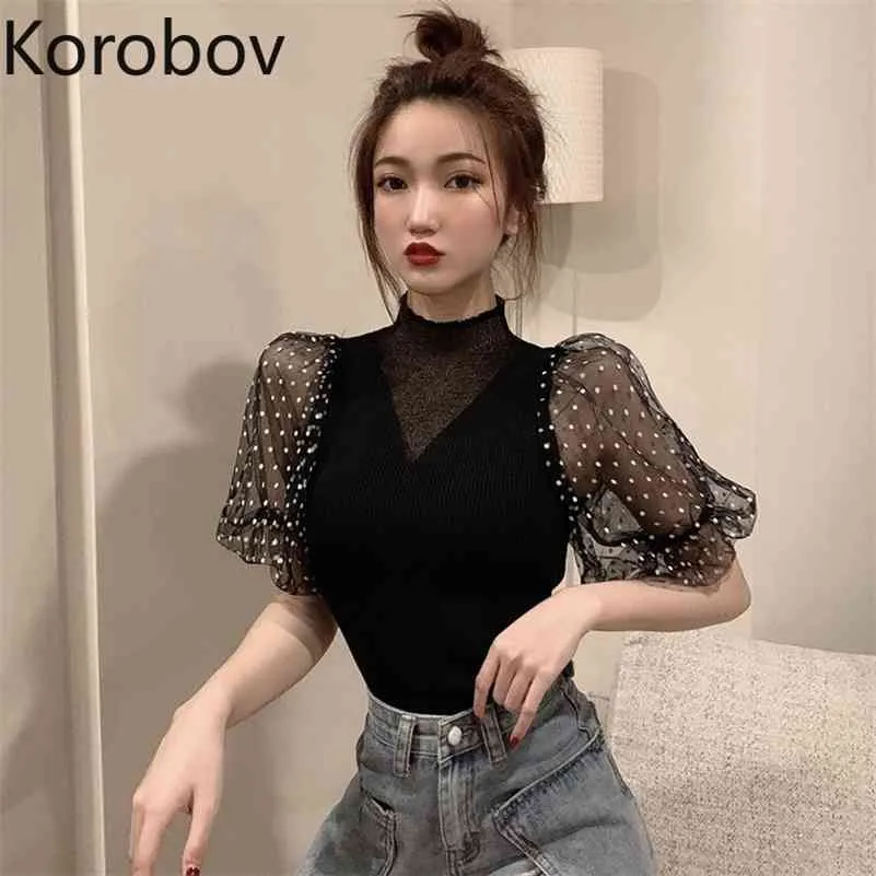 Korobov Sommar Ny Ankomst Kvinnor Blusar Slim Turtleneck Puff Sleeve Kvinnor Koreansk Casual Mujer Blusas 210430