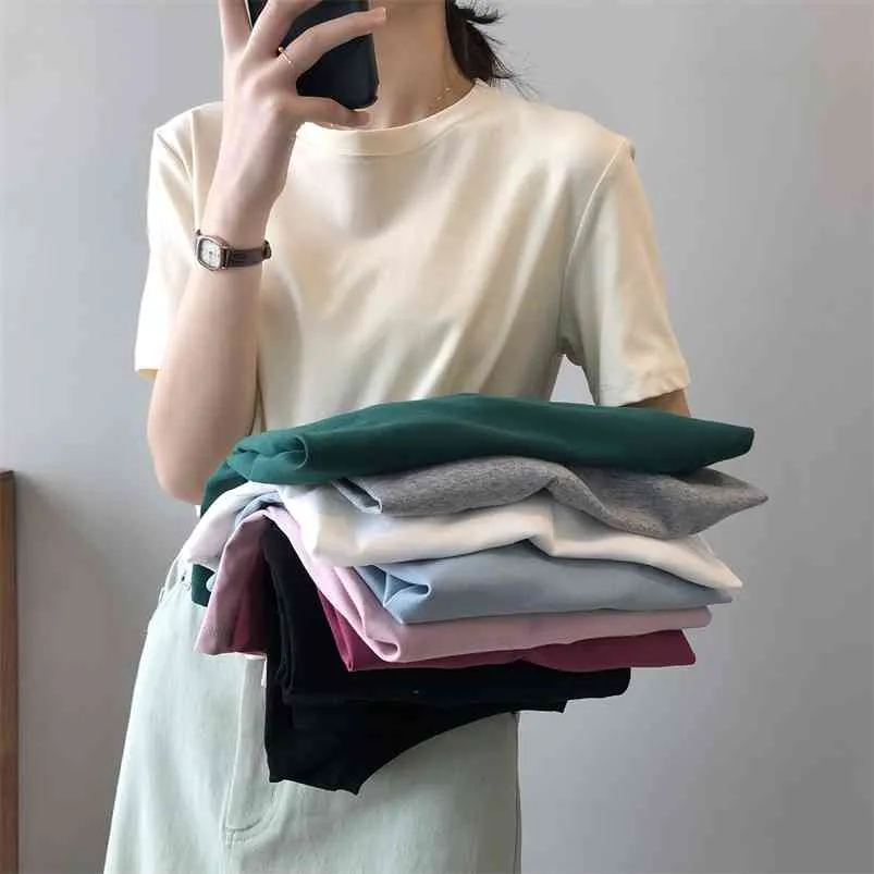 Été Coton Tops Femme À Manches Courtes T-shirts Tee Coréen Mignon Solide Couleur 210421
