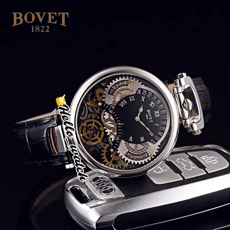 46mm BOVET 1822 TOURBILLON AMADEO Fleurie Horloges Quartz Herenhorloge Stalen Case Black Skeleton Dial Lederen Band HWBT HELLO_WATCH