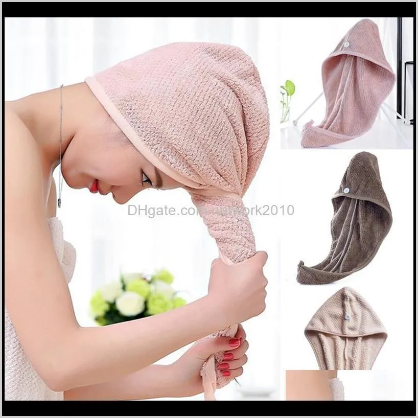 microfiber hair fast drying towel bath wrap hat quick-drying cap turban with button design, women bath super absorbent dryer hair