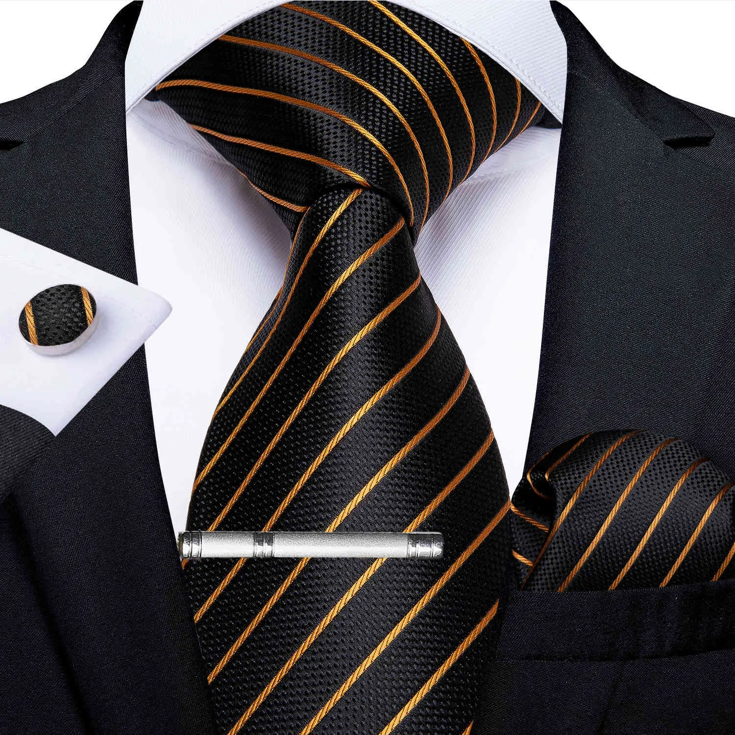 Klassisk randig 100% Silk Mens Set Business Formal Necktie Handkerchief Manschettknappar Tie Clip Gift för män Drop Dibangu